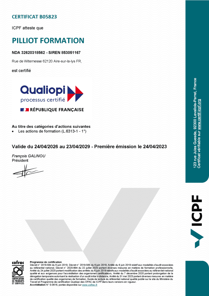 Certificat Qualiopi Pilliot Formation 2026-2029