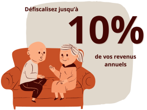 Illustration de deux personnes âgées assises sur un canapé, avec un texte indiquant 'Défiscalisez jusqu'à 10% de vos revenus annuels'