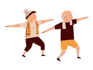 Illustration de deux personnes âgées en train de faire des exercices physiques avec les bras tendus.