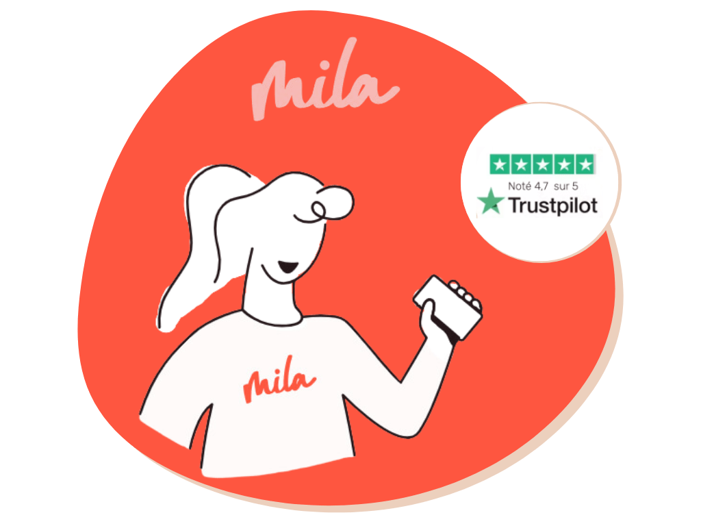 Illustration d'une femme tenant un téléphone, qui met une note Trustpilot de 4,7 sur 5 pour le site Mila.